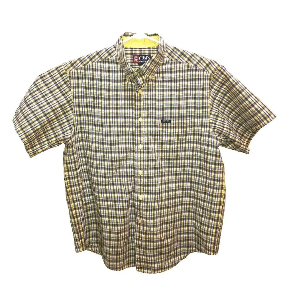 Vintage Chaps Ralph Lauren Mens Large Yellow Plaid Short Sleeve Button Up Shirt